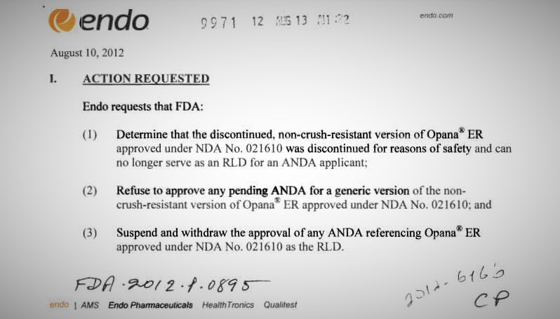 An excerpt from the first page of Endo's citizen petition. The full document can be found [here](https://www.regulations.gov/document?D=FDA-2012-P-0895-0001).